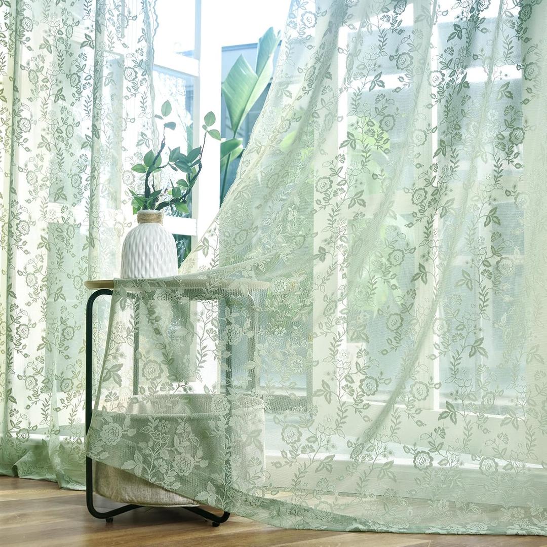 Sage Green Lace Curtains 54 Inch Length 2 Panels Set Country Rustic Leaf Floral Patterned Spring Sheer Lace Curtains Short for Bedroom, Rod Pocket Privacy Green Vintage Lacy Curtains, 42 x 54 Inch