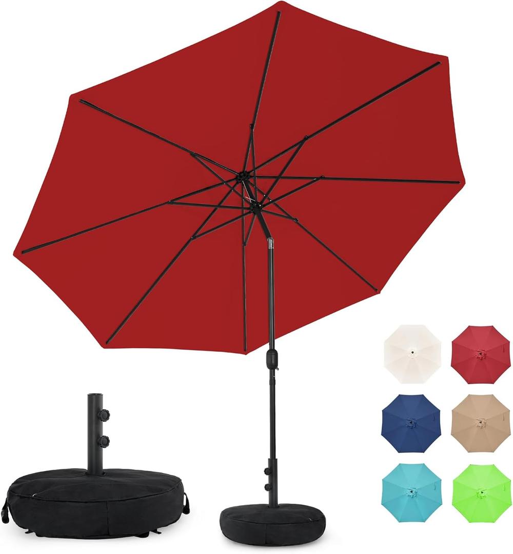 Sundale Outdoor 9FT Patio Umbrella with Sand Bag Umbrella Base, Outdoor Umbrella with Tilt and Crank, Red
