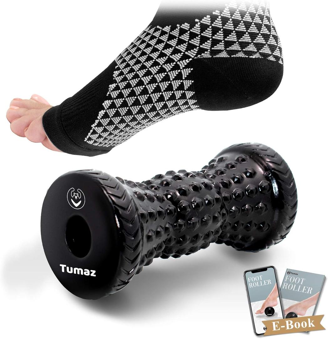 Tumaz Foot Compression Sleeves & Foot Roller Set for Women & Men - Plantar Fasciitis Compression Socks for Improving Blood Circulation, Foot Pain Relief, Edema (Black) (Diamond(black) 2-piece Set)