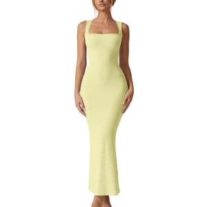 QINSEN Women's Square Neck with Lace Detail Long Maxi Dress Sleeveless Lounge Ribbed Full Length Dresses (Lemon Yellow)
