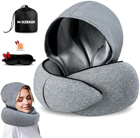 Maxzeker Travel Neck Pillows for Airplanes – Sleep Comfortably on Long Flights, Roadtrips, Home or Office. All-in-One Travel Sleep Kit with Hood, Eyemask and Earplugs