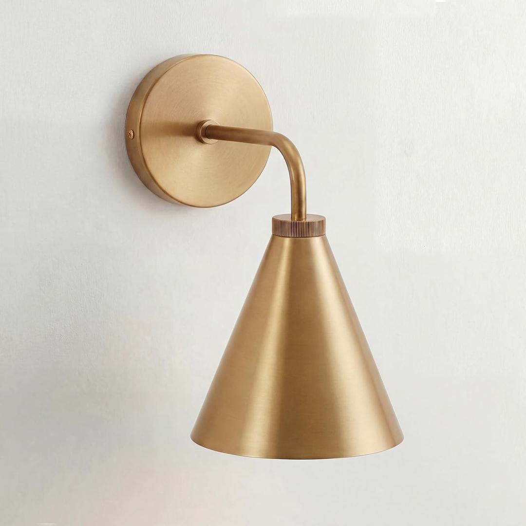 Retro Industrial Metal Cone Sconce Light - Vintage Inspired Modern Brass Wall Sconce with Metal Shade, Wall Mount Lighting for Bedroom, Hallway, Living Room (6“W x 6" L x 11" H Brass)