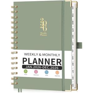 LOAPEM 2026 Planner, Weekly and Monthly, A5 Size (5.7" x 8.3"), Jan 2026 - Dec 2026, Calendar, To-do List, Agenda, 12-Month Tabs, Hardcover, 100 GSM Thick Paper, Spiral-Bound (Light Green)