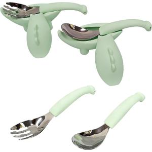 Baby Toddler Fork and Spoon Utensil Set, 4 Pack, Green Dinosaur | Silicone, Stainless Steel, Dinosaur