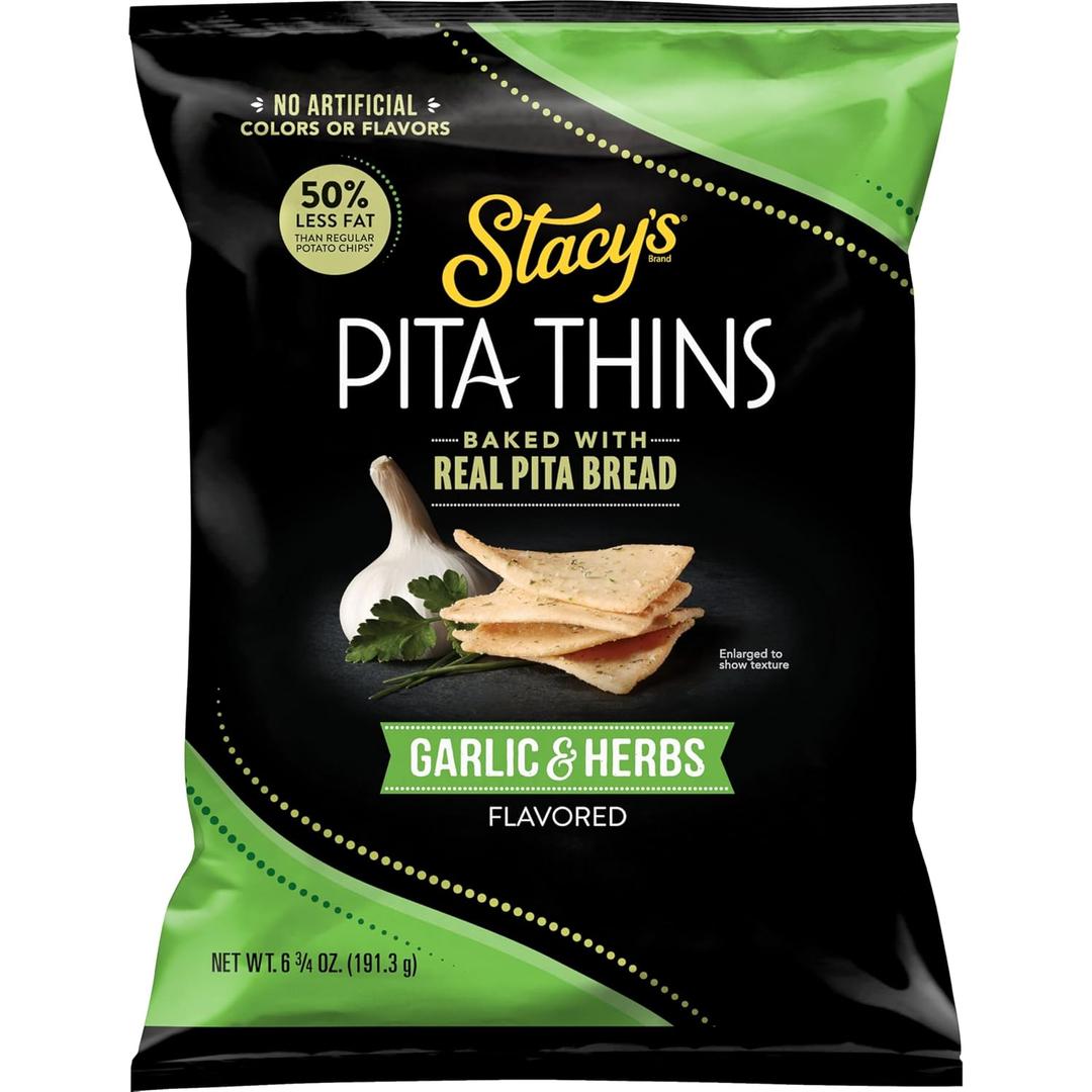 10 x Stacy’s Pita Thins, Garlic & Herbs, No Artificial Colors or Flavors, 6.75oz Bag (EXP 07/28/26)
