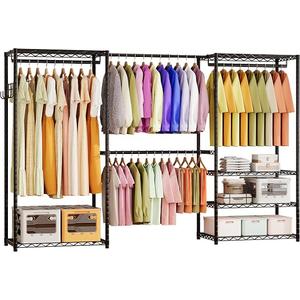 ecobedding Heavy Duty Garment Rack, 1000LBS Max Load Freestanding Closet Organizer with 6 Storage Shelves & 3 Adjustable Hanging Rods, Multifunctional, Glossy Black, 15.75" D x 70-88.5" W x 76.5" H