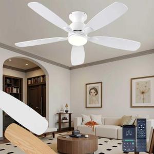 NKPU 52inch Ceiling Fans with Lights, Low Profile White Ceiling Fan with Light and Remote/APP Control, DC Reversible Motor, Noiseless, Flush Mount Ceiling Fan for Bedroom Living Room Patios