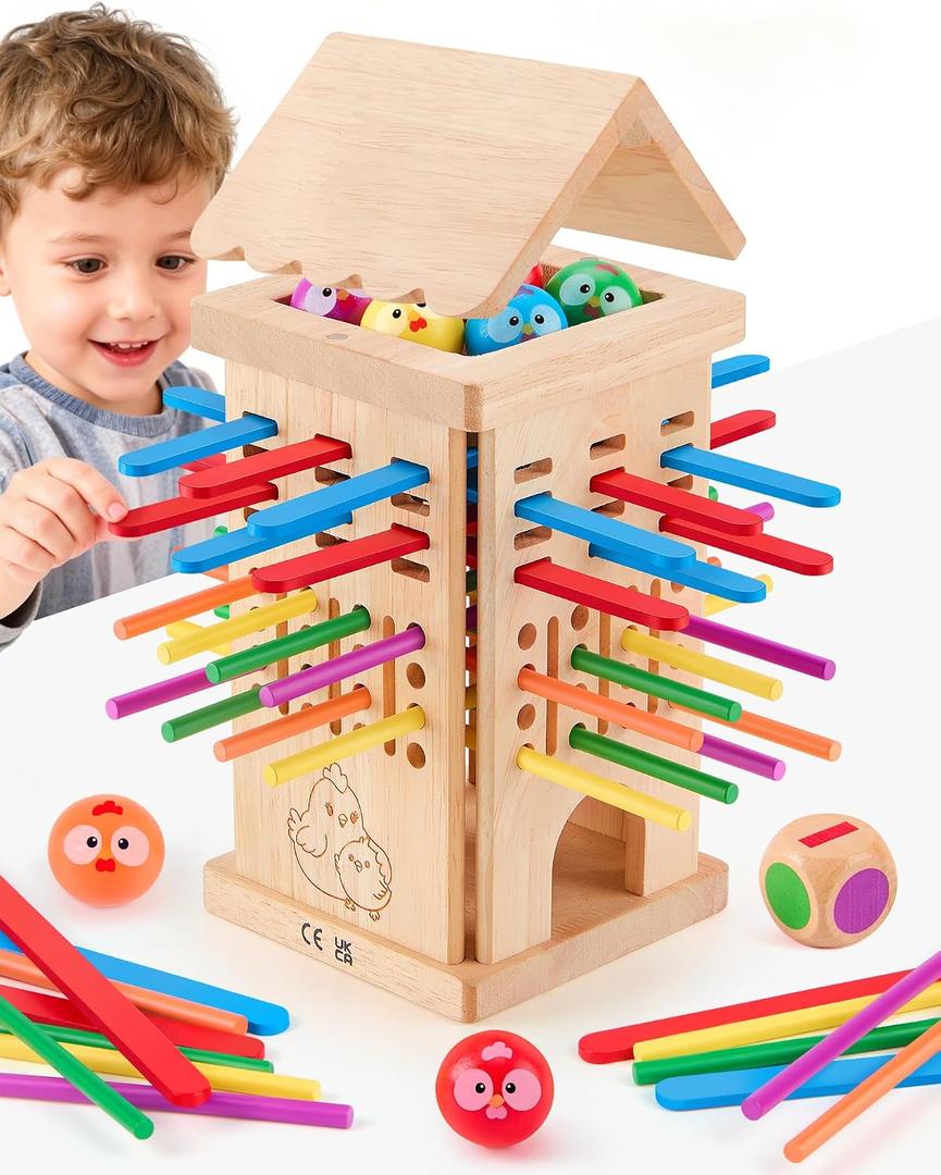 Montessori Toys Wooden Board Games for 3 4 5 6 Years Old, 34 Colorful Wooden Sticks Fine Motor Skills Toy for Kids 4-6, Math&Counting Learning Toy Family Games for Girls Boys 3 Year Olds Gift Ideas