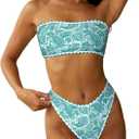 ZAFUL Women Strapless Ribbed High Cut Bandeau Bikini Lace Up 2 Pieces Swimwear (X-Large, 8-green Print)