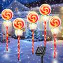 Solar Christmas Candy Cane Path Lollipop Lights-Outdoor Solar Powered 1 Panel with 5 LED Lights Pathway Landscape Decorative Lights with Bow Tie Waterproof Xmas Decorations Outside Yard Lighting