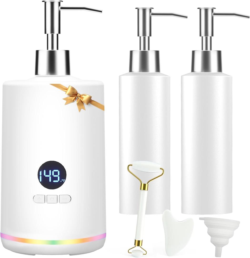 Oil Warmer for Massage, Yofuly Heated Body Lotion Dispenser Device with Gua Sha Roller Set, Electric Massage Oil Gel Bottles Heater with Ambient Lighting, White