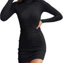 Valiamcep Women's Long Sleeve Dress Mock Neck Basic Ribbed Slim Fit Bodycon Mini Pencil Dresses (Large)
