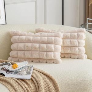 Neelvin Beige Faux Fur Cozy Soft Plaid Decorative Throw Pillow Covers 12x20 inch Set of 2,Velvet Pillowcase Cushion Case for Sofa Couch