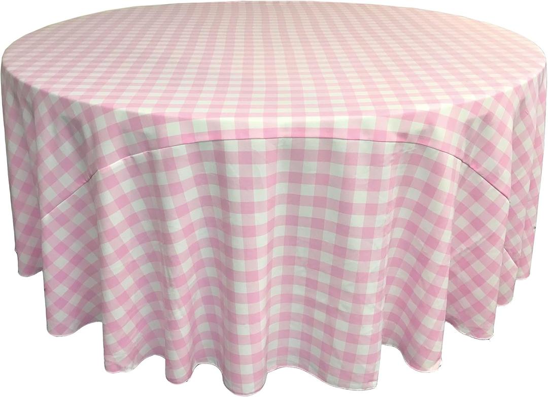 LA Linen TCcheck108R-PinkK37 Polyester Gingham Checkered Tablecloth, White & Pink - 108 in. Round