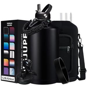 128OZ Insulated Water-Bottles with Strap - 1 Gallon Large Water Jug with Straw & Spout Lid, Stainless Steel Water Bottle Leak Proof, Cold-48h Hot-24h Metal Water Flask w/Paracord Handle, Carrier Bag