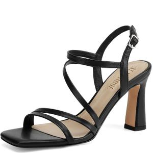 SLXCHBSL Strappy Heels for Women 3 Inch Chunky Block High Heels Square Open Toe Ankle Strap Dress Sandals for Wedding Prom Party Bridesmaid (Black)