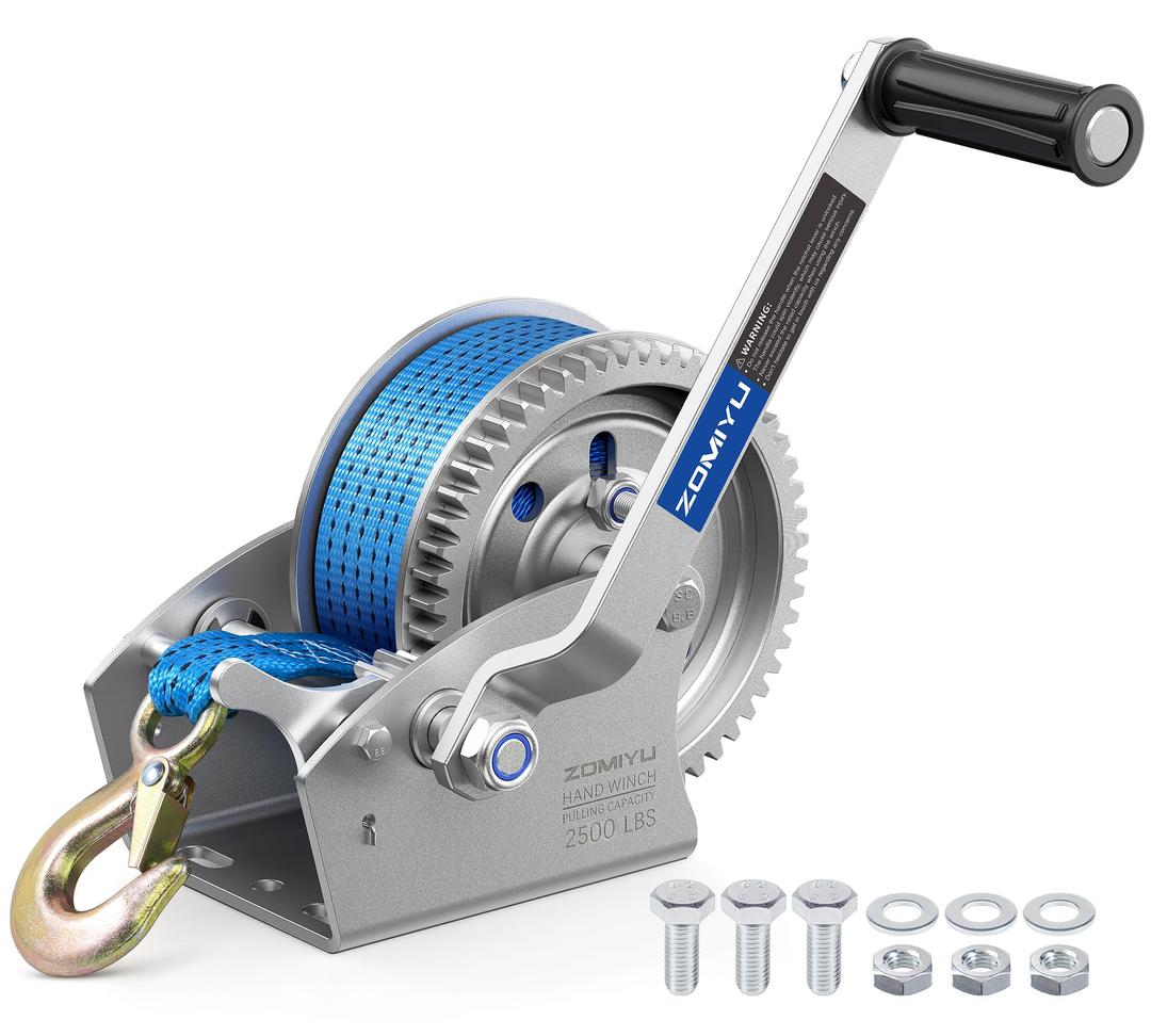 ZOMIYU 4000lb Boat Trailer Winch with Strap, 2-Way Ratchet 5.4:1/16.6:1 Gear Ratio, Enhanced Gear, Ratchet Switch and Handle, Heavy Duty Hand Winch for Boat, Trailer, ATV, Marine, Jet Ski