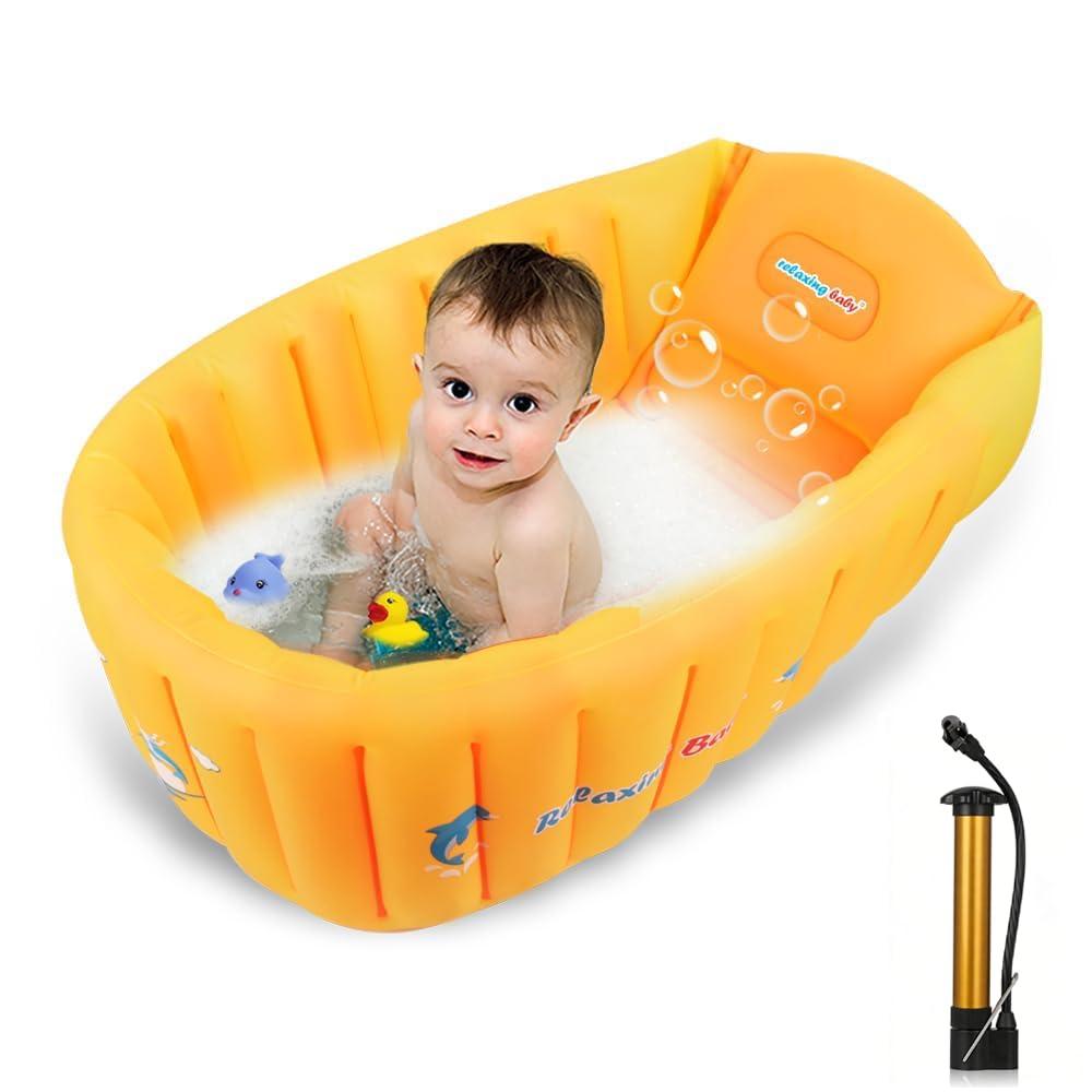 Relaxing Baby Inflatable Baby Bathtub,Newborn to Toddler Bath Tub with Builtin Air Pump,Portable Travel Shower Basin with Back Support,Foldable Toddler Tub Shower for Kids 06 Months(Orange)