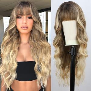 BOGSEA Ombre Blonde Wig with Bangs Long Blonde Wig for Women 26 Inch Synthetic Heat Resistant Fiber Wigs for Daily Party (10/613-Blonde)