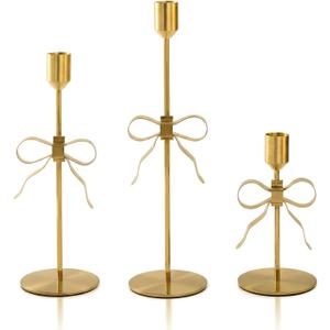 Bow Candle Holder - Set of 3 Metal Gold Bow Candlestick Holder, Modern Decorative Taper Candle Holder for Centerpiece Dining Table Wedding Holiday Housewarming Gift, Gold Finish (Style1-Gold)