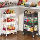 3 Tier Black Rolling Cart Metal with Wheels, Basket, Cups & Hooks, Three Tier Utility Carts on Wheels, Can Organizer for Pantry Floor, Kitchen Storage Rack, Snack Shelf Carts, Vianderos para Cocina