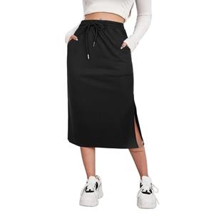 SOFIA'S CHOICE Women's Drawstring Slit Skirt High Waist A Line Midi Skirts with Pockets Black Medium