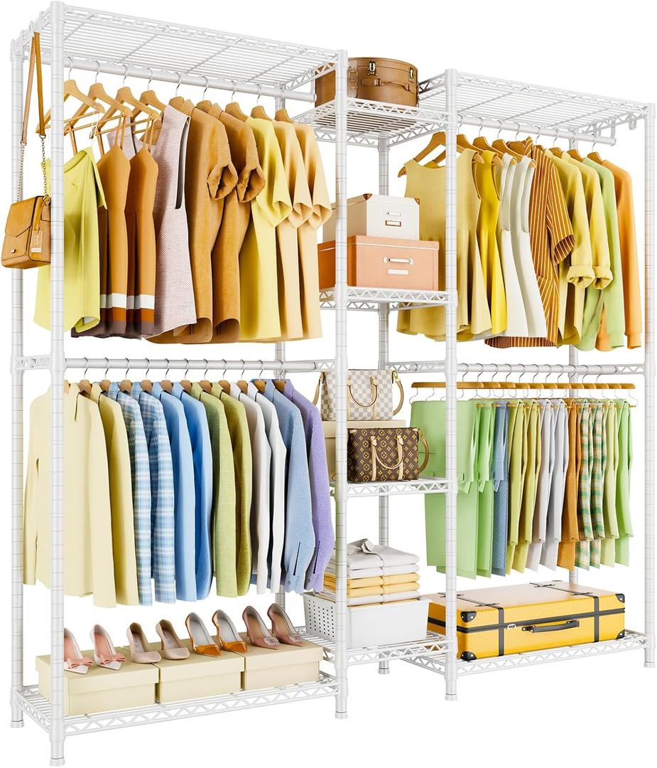 Ulif E4 Clothes Rack, Heavy-Duty Garment Rack, Metal Freestanding Clothing Organization Storage System Can Be L-shaped with Shelves and Hangers, Max Load 962lbs, 71.6" W x 14.5" D x 79.3" H, White