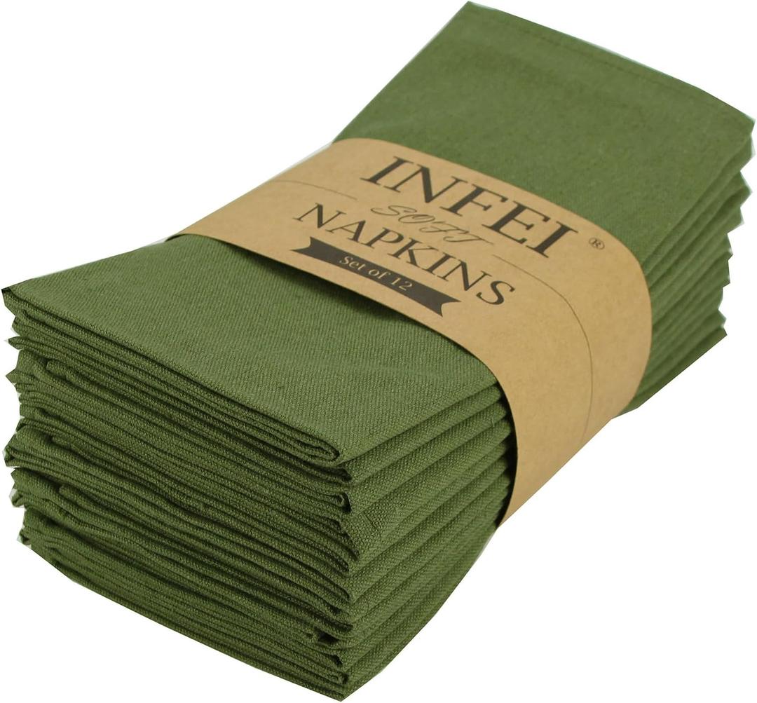 Solid Color Cotton Blended Dinner Cloth Napkins - Set of 12 (17 x 17 inches) - for Events & Home Use (Army Green)