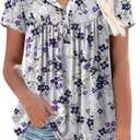 Aodemo Women's Summer Plus Size Tops Short Sleeve Shirts Henley Fit Tunic Ladies Flowy Blouse (X-Large, Short Sleeve-Grey-Purple Flower)