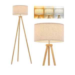 ELYONA Wood Tripod Floor Lamp for Living Room, Nordic Standing lamp with 3 Color Temperatures LED Bulb Included & Beige Linen Shade, Footswitch, Tall lamp for Bedroom, Office, Study Room, Natural Wood