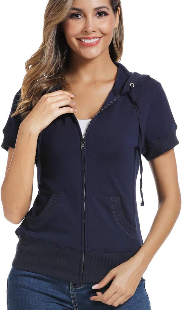 MISS MOLY Women's Short Sleeve Hoodie Full Zip Up Cotton Slim Fit Sweatshirt with Pocket (X-Large, Blue)