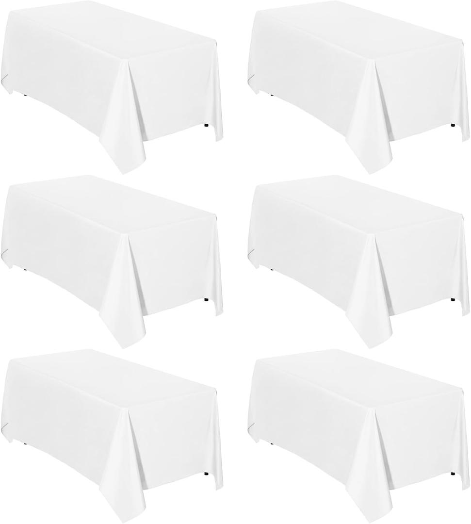 Easy-Going 6 Pack White Tablecloths 90x156 Inch for 8 Ft Rectangle Table, Washable Polyester Waterproof Stain Resistant Table Cloth, Decorative Table Cover for Kitchen, Dining Tables, Events
