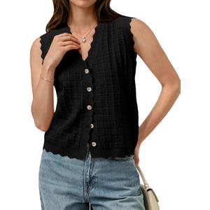 Trendy Sweater Vest Waffle Knit Top Vest V Neck Cardigan Sweater Casual Sleeveless Tops Cute Ruffle Vest (Black, L)
