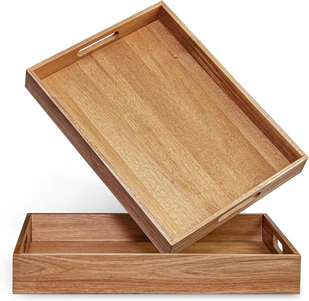 Acacia Wood Serving Tray with Handles Set of 2 Decorative Serving Trays Platter for Breakfast in Bed, Lunch, Dinner, Patio, Ottoman, Coffee Table, BBQ, Party Great for Lap &Couch