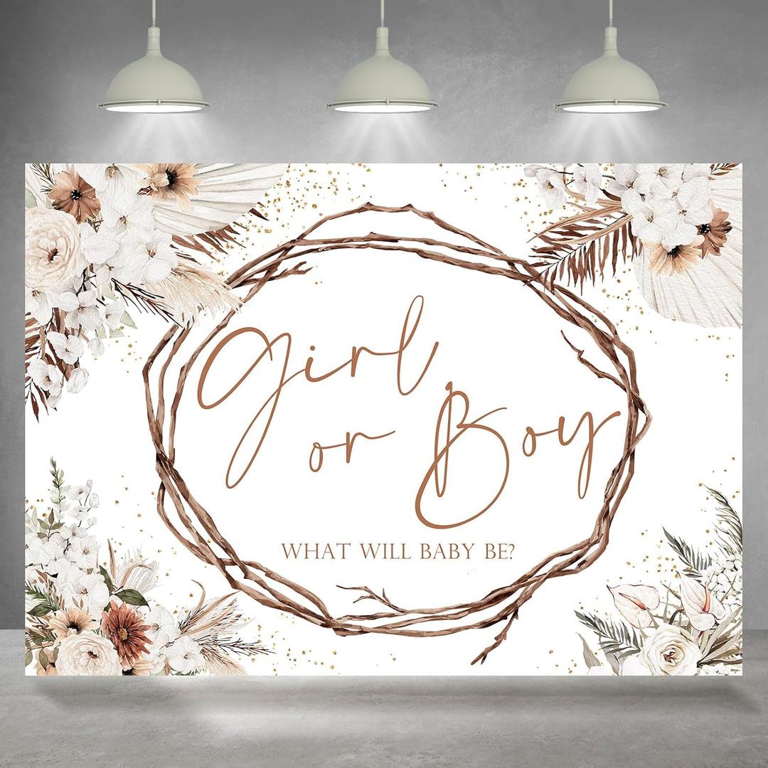 Boho Gender Reveal Backdrop Girl or Boy Pampas Grass Floral Baby Shower Party Photography Background Bohemian He or She Gender Reveal Party Decorations Supplies Banner Photo Booth Props 7x5ft
