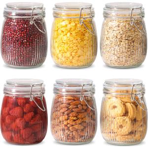 ComSaf Airtight Glass jar with lid 25oz Set of 6, Glass Storage Containers with Lids, Glass Canister, Mason Jars, Striped Clip Fastening Jar for Kitchen Canning, Oat, Coffee, Pasta, Snack, Nut, Candy
