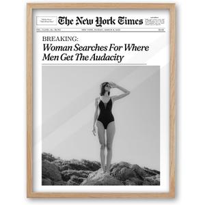 iHery Natural OAK Wood Framed Trendy NewsPaper Wall Art,12x16in Retro Magazine Canvas Wall Art, Funny Bathroom Decor,Woman Searches For Where Men Get The Audacity,Girly Bedroom Dorm Artwork 1Pack