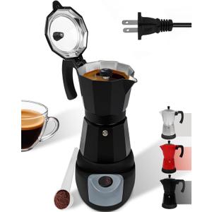 Electric Moka Pot with Detachable Base Aluminum Espresso Maker 10oz 6 Cup 300ml Black Italian Coffee Maker for Kitchen Home 110V
