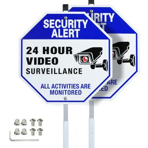 24 Hour Video Surveillance Sign with Stake for Yard,Security Camera Sign,2 Pack - Aluminum 9.8"x9.8" with 27.5" Metal Stake - Weatherproof, Reflective - Home, Business, Outdoor Security Warning