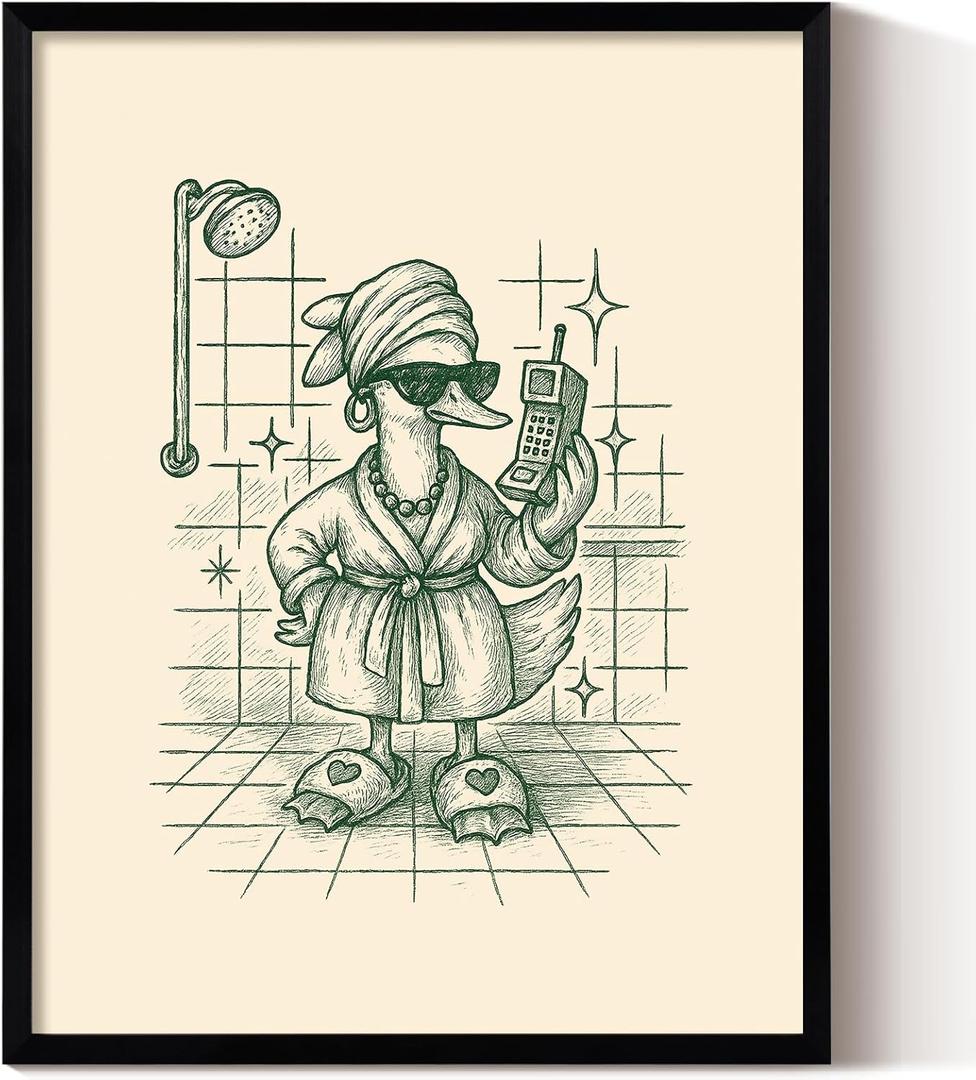 ARPEOTCY Framed Canvas Wall Art, 11x14 Inch Funny Duck in Bathrobe, Humorous Bathroom Wall Decor for Restroom, Toilet, or Powder Room