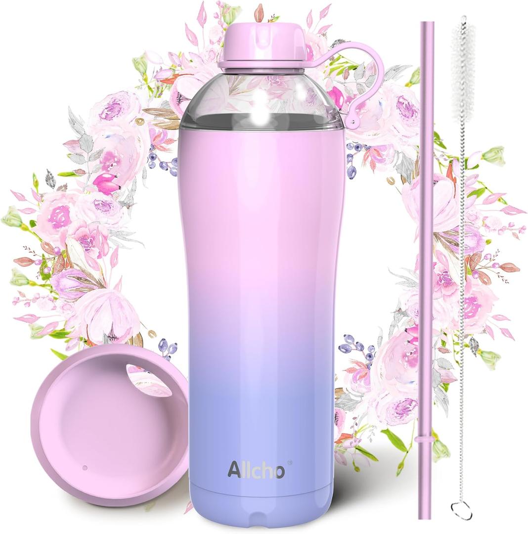 Insulated Water Bottle for Women, 24 oz Stainless Steel Water Bottles, Double Walled, 2 Lids (Chug & Tumbler) - Hydrate & Caffeinate,Available Gift Wrapping