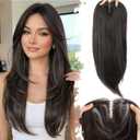 Eawwii Dark Brown Synthetic Hair Toppers for Women with Thinning 5x6 inch Large Base Coverage Clip in Wispy Bangs Upgraded Adjustable Bandage 24 Inch Long Layered