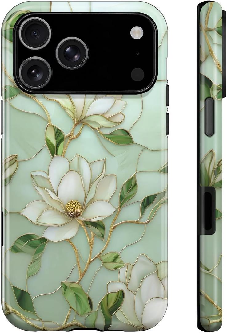 Compatible with iPhone 17 Pro Case,Vintage Magnolia Flowers,Hybrid Durable TPU Hard PC Bumper Case Design,Protective Phone Cover for Women Girls