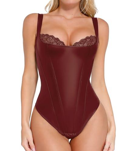 Popilush Leather Corset Tops for Women Tummy Control Shapewear Lace Tank Tops Faux Leather Thong Body Shaper, Medium