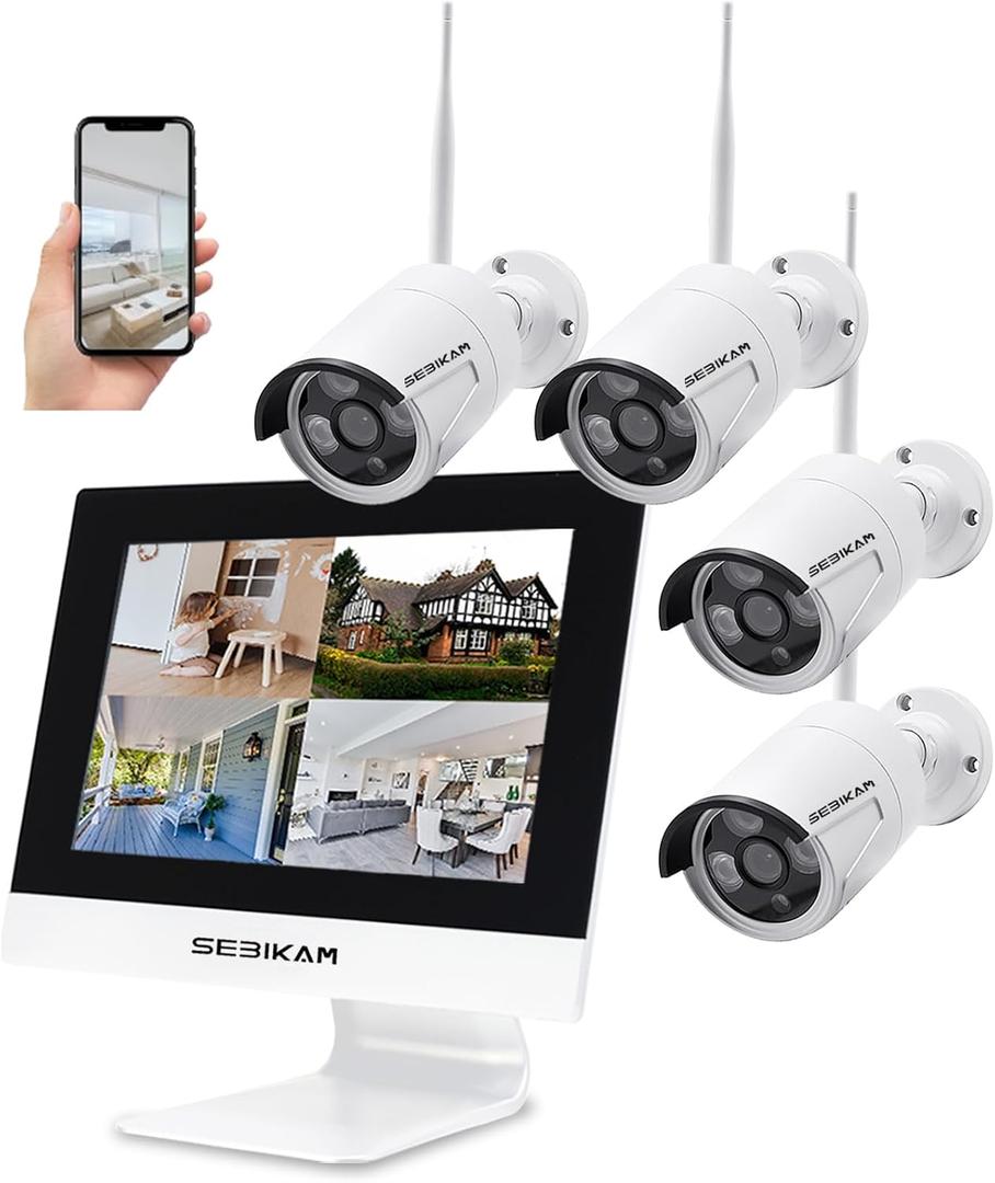 Wireless Security Camera System with 10.1" Monitor, 4PCS 3MP/2K HD Cameras | 2-Way Audio | Local & Remote View | Night Vision Motion Detection | IP66 Home Business Surveillance Kit (NO HDD)