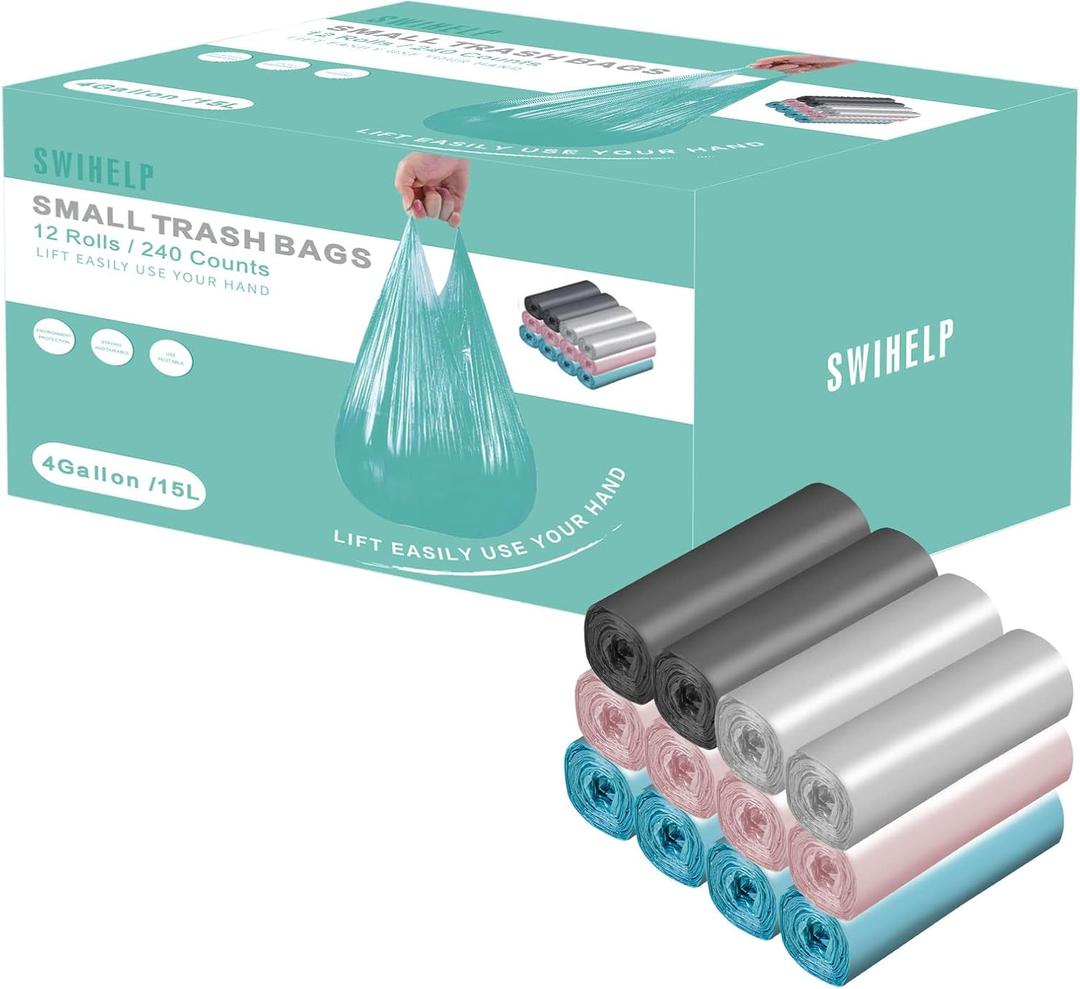 Small Trash Bags 240 Count Garbage Bags SWIHELP Waste Basket Liners for Bathroom, Kitchen,Bedroom, Office Pet Car 15 Liter Trash Can 4 Gallon (Handle Mix 240 counts-4Gal)