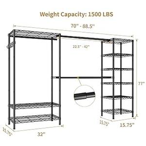 Expandable Heavy Duty Garment Rack Clothes Rack,Large Metal Closet Organizer System Storage Wardrobe,Freestanding Clothing Rack with 9 Adjustable Wire Shelves&3 Hang Rods,MaxLoad 1500lbs