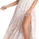 Women's 2025 Summer Maxi Dress Floral Print Split Thigh Cami Strap Casual Boho Beach Flowy Sundress (Large)