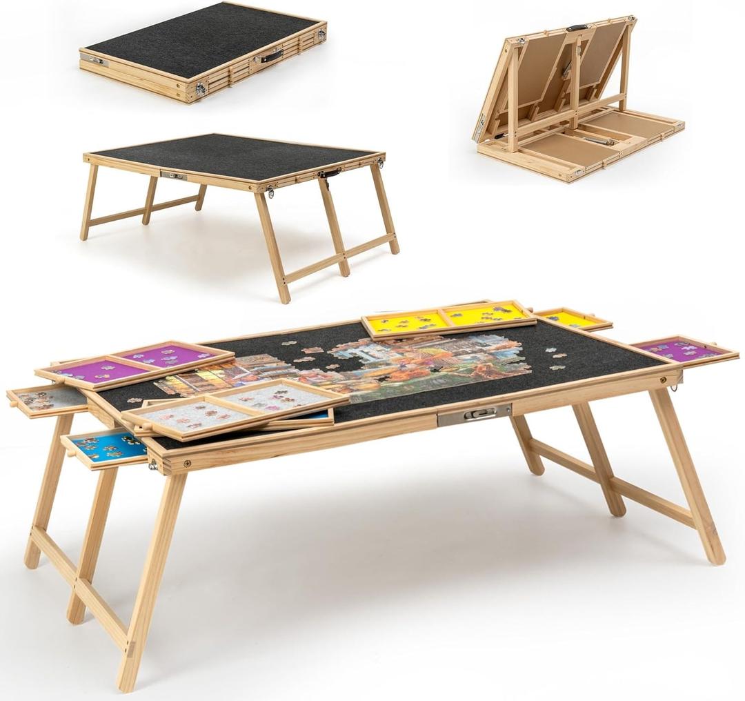 Tektalk 2000 Piece Foldable Puzzle Board with Cover, Wooden Jigsaw Puzzle Table with 8 Drawers, Portable Puzzle Easel with Folding Legs, Portable Puzzle Tables for Adults and Teens - Black