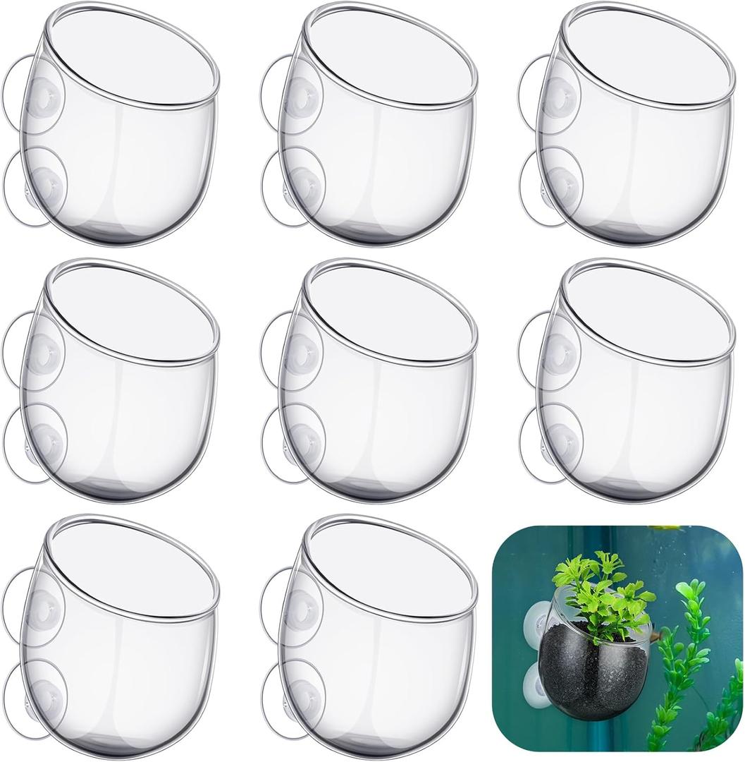 Dandat 8 Pcs Aquarium Plant Holder Pot Clear Glass Aquatic Plant Cup with Suction Cups Aquarium Fish Tank Pots for Aquaponic Cultivation Water Feature Decoration